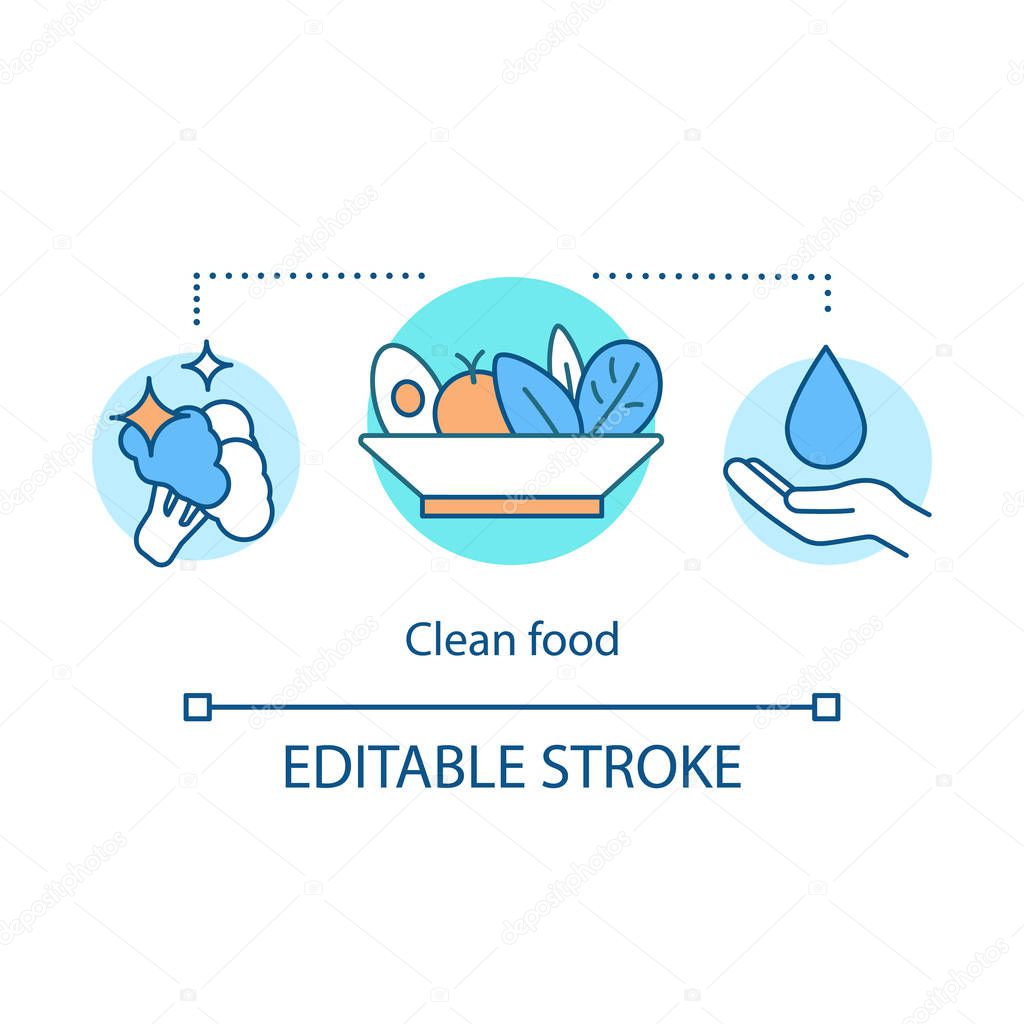Food cleaning and sanitising concept icon. Cooking idea thin line illustration. Food processing, handling, preparation, hygiene. Healthy nutrition. Vector isolated outline drawing. Edtable stroke