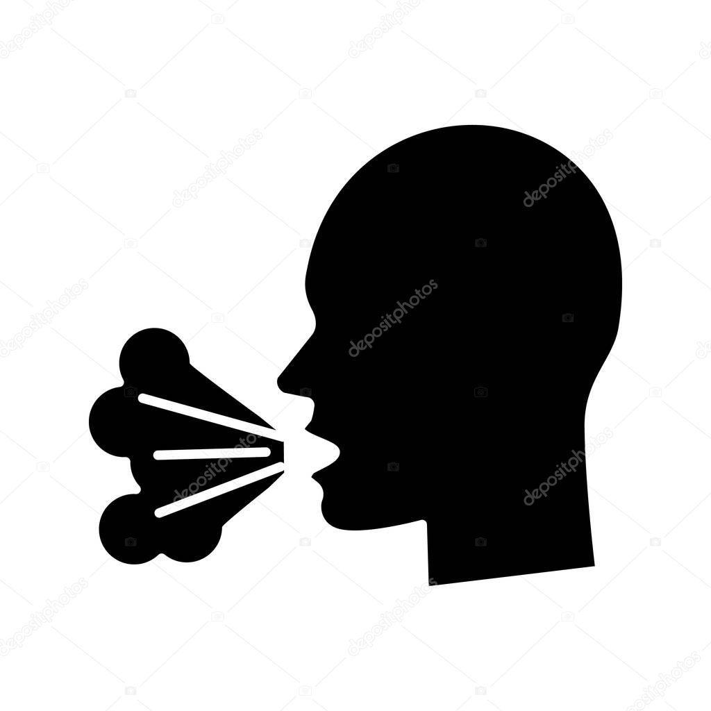 Coughing glyph icon. Silhouette symbol. Viral infection, influenza, flu, cold symptom. Bad breath. Sneezing. Tuberculosis, mumps, whooping cough. Negative space. Vector isolated illustration
