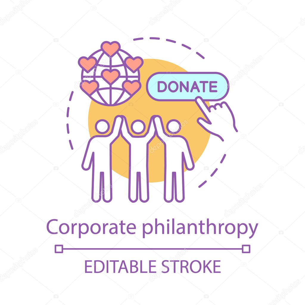 Corporate philanthropy concept icon. Volunteering idea thin line illustration. Charitable foundation. Non profit organization. Social responsibility. Vector isolated outline drawing. Editable stroke
