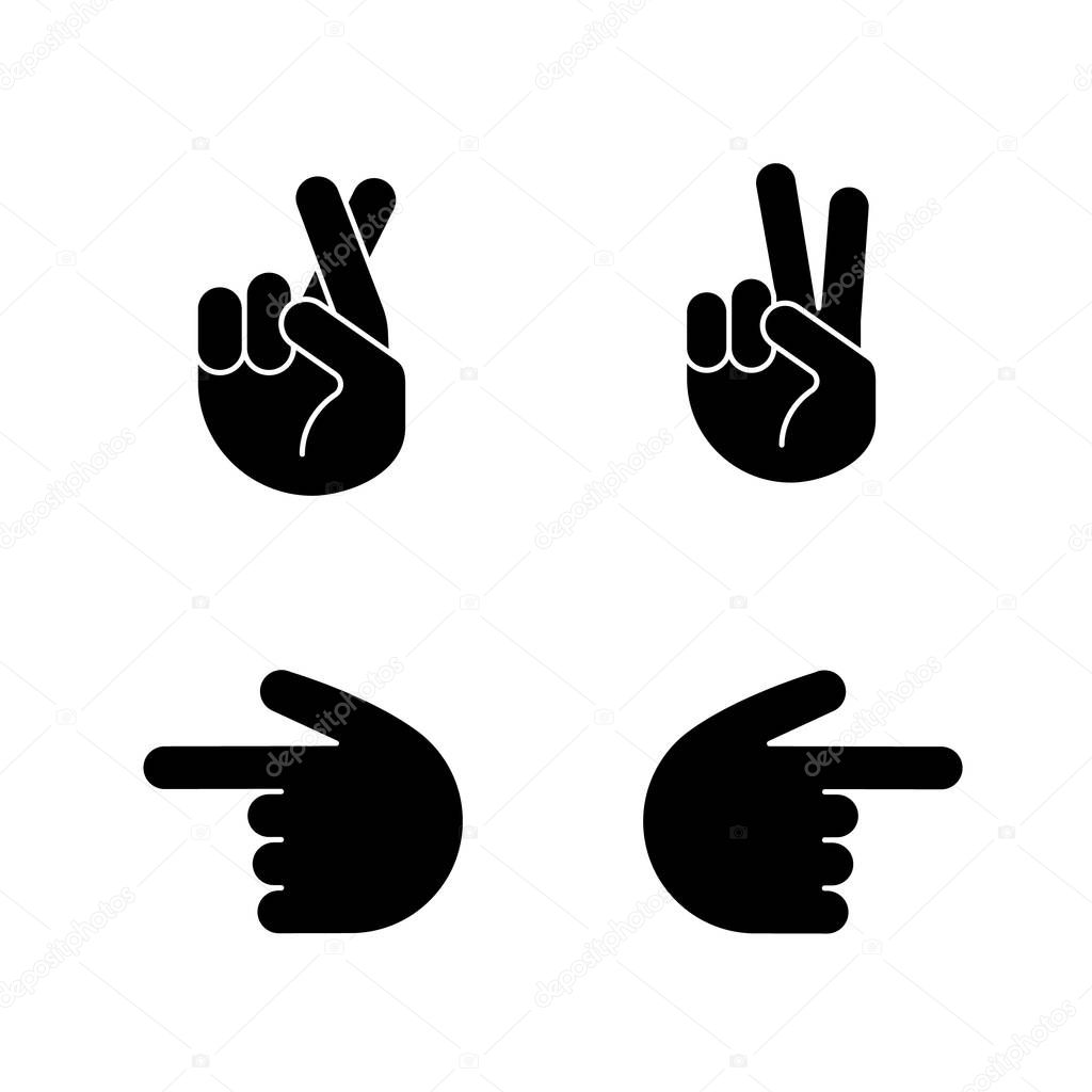 Hand gesture emojis glyph icons set. Luck, lie, victory, peace gesturing. Backhand index pointing left and right. Silhouette symbols. Vector isolated illustration