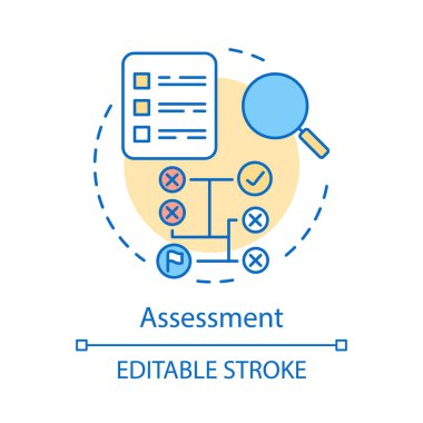 Değerlendirme kavramı simge. Karar fikir ince hat illüstrasyon yapma. Veri değerlendirme. Arama çözümü. Belge olan büyüteç. Değerlendirilmesi. İzole anahat çizim vektör. Düzenlenebilir kontur