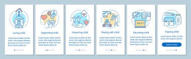 Çocuk velayeti onboarding mobil uygulaması sayfa ekran doğrusal kavramları ile. Aşk, desteklemek, korumak, eğitmek, walkthrough adım grafik yönergeleri tedavi. UX, UI, GUI vektör şablon resimler