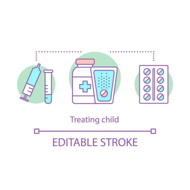 Çocuk kavramı simge tedavi. Çocuk Bakımı fikir ince hat illüstrasyon. Aşı, bağışıklama. İlaç. Hap paketi, şırınga, laboratuvar şişesi. Sağlık. İzole anahat çizim vektör. Düzenlenebilir kontur