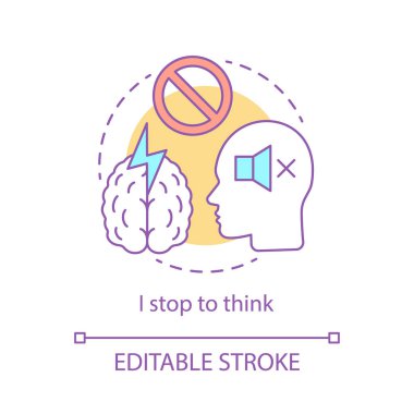 Düşünme kavramı simge. Duraklat fikir ince hat illüstrasyon. Sakin, gevşeme. Stres üstesinden. Endişe verici. Duygusal sakinlik. Yavaş dikkatli düşünce. İzole anahat çizim vektör. Düzenlenebilir kontur