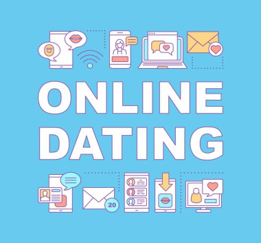 Online dating kelime kavramları afiş. Romantik çöpçatanlık. Internet tarihi app. bul aşk hizmet. Tanıtım, Web sitesi. Tipografi fikir doğrusal simgeleri ile harfler izole. Vektör anahat çizim