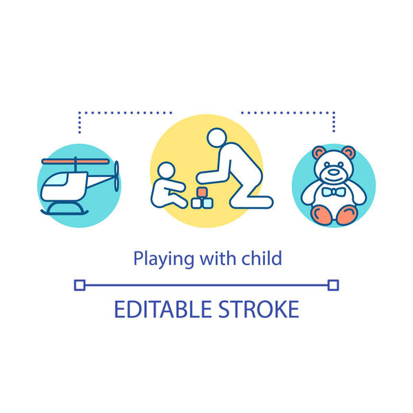 Playing with child concept icon. Educating idea thin line illustration. Kids toys. Helicopter, teddy bear. Parent play with baby. Childcare, amusement. Vector isolated outline drawing. Editable stroke