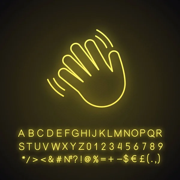 Waving Hand Gesture Emoji Neon Light Icon Hello Bye Goodbye — Stock Vector