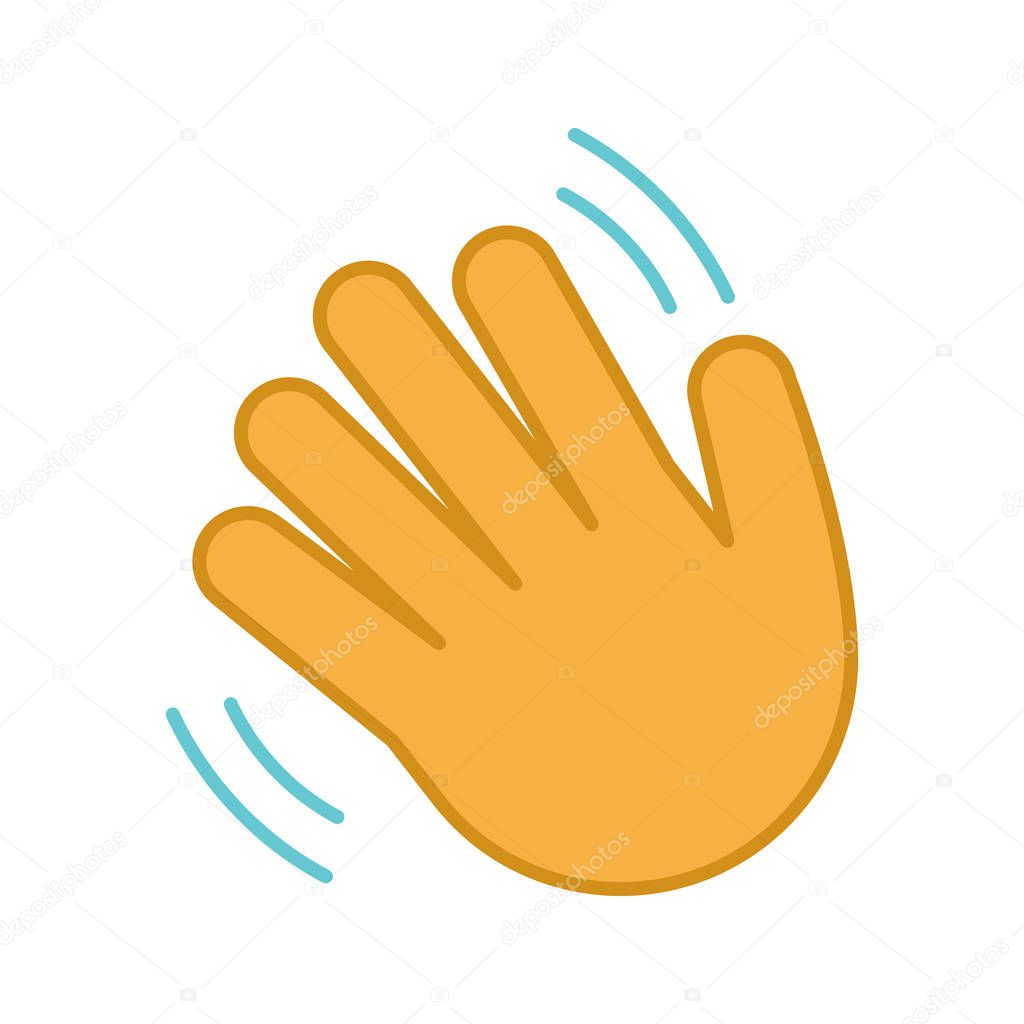 Waving hand gesture emoji color icon. Hello, hi, bye, goodbye hand gesturing. Greeting palm. Isolated vector illustration