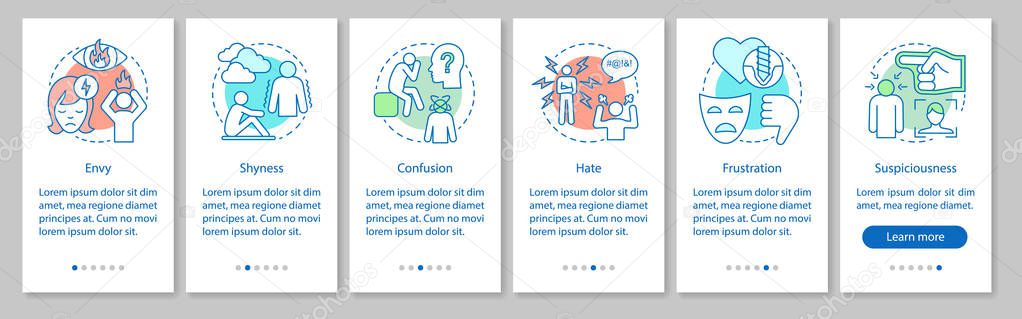 Negative emotion onboarding mobile app page screen vector template. Aggression feeling. Lack of confidence. Walkthrough website steps with linear illustrations. UX, UI, GUI smartphone interface 