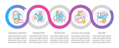 Olay işlem vektör Infographic şablonu. İş bulma. İşe Alım. Beş adımlar ve seçenekleri veri görselleştirme. İşlem zaman çizgisi görüntüsü. İş akışı düzeni ile kutsal kişilerin resmi