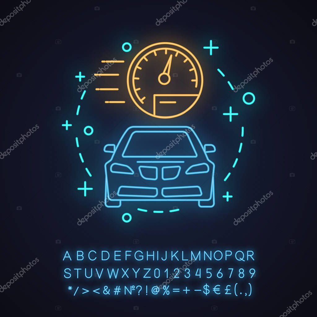 Car rental neon light concept icon. Rent a car idea. Auto leasing. Automobile hiring. Glowing sign with alphabet, numbers and symbols. Vector isolated illustration
