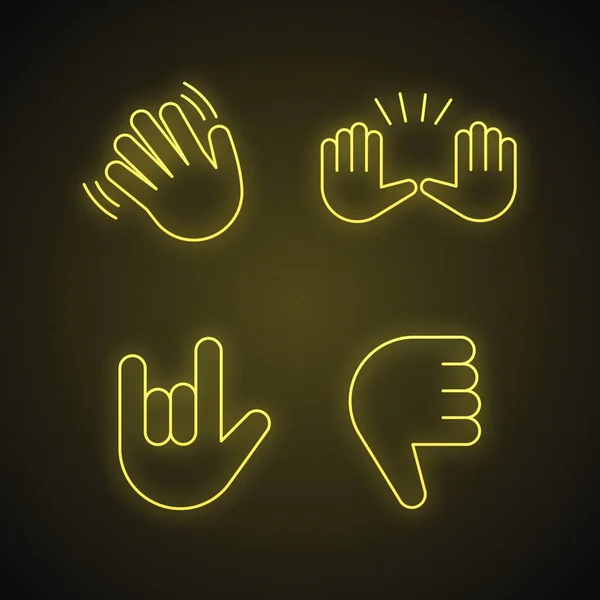 Mano gesto emojis neón luz iconos conjunto — Vector de stock