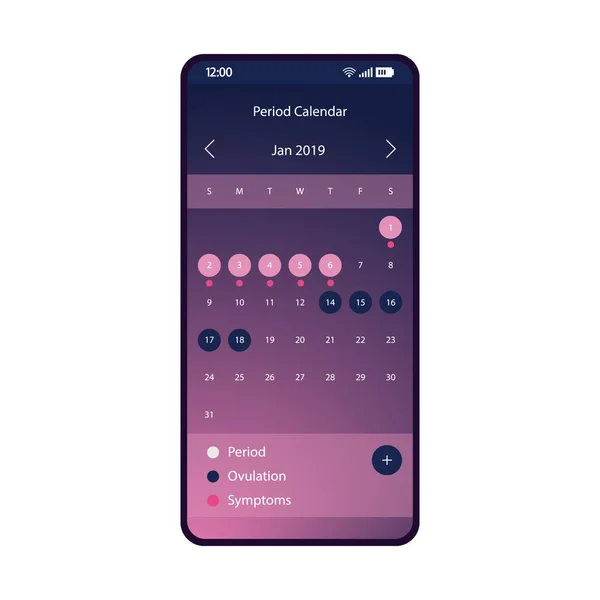 Periode smartphone interface vector kalendersjabloon — Stockvector