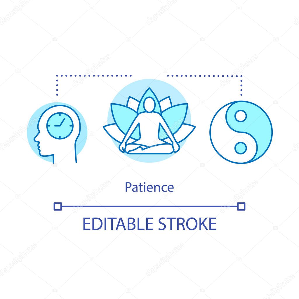 Patience concept icon. Calmness idea thin line illustration. Yin Yang, yoga, meditation. Quiet mood. Capacity to accept delay. Tolerate trouble. Vector isolated outline drawing. Editable stroke