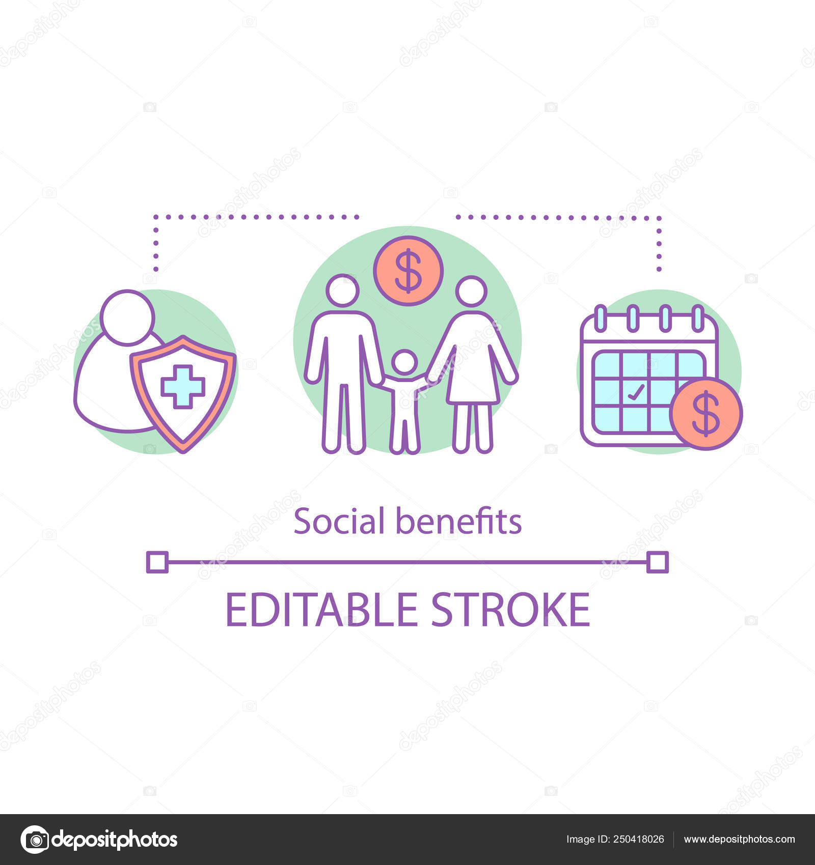 社会的利益概念のアイコン 企業文化考え細い線図 健康保険 ままにします 家族福祉 有給休暇 ベクトル分離外形図します 編集可能なストローク  ストックベクター ©IMG visuals icons 250418026