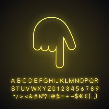 Neon ışığı simgesi işaret backhand dizin. Parmak işaretçi geri dön. El jest emoji. Alfabe, sayı ve sembol parlayan işaretiyle. İzole vektör çizim