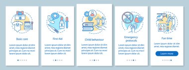 Onboarding mobil uygulaması sayfa ekran doğrusal kavramları ile Bebek Bakımı. Bebek bakım, besleme, hemşirelik, açık activiti walkthrough adım grafik yönergeleri. UX, UI, GUI vektör şablon resimler