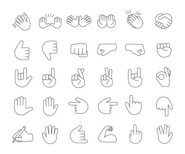 El jest emojis doğrusal Icons set. İnce çizgi kontur sembolleri. İşaret parmakları, yumruk, avuç içi. Sosyal Medya ağ ifadeler. El simgeleri. İzole vektör anahat çizimler. Düzenlenebilir kontur