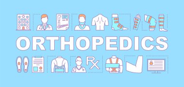 Ortopedi kelime kavramları afiş. Yaralanma, travma tedavisi. Tıbbi korse, bandaj. Tanıtım, Web sitesi. Tipografi fikir doğrusal simgeleri ile harfler izole. Vektör anahat çizim