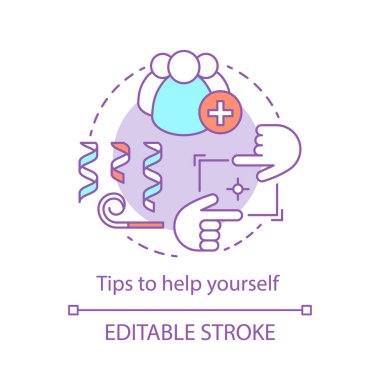 Kendini kavramı simge yardımcı olacak ipuçları. Faydalı tavsiyeler fikir ince hat illüstrasyon. Topluluk Yardımı ekip. Sosyal iletişim, parti. İzole anahat çizim vektör. Düzenlenebilir kontur