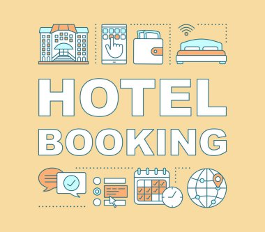 Otel rezervasyon kelime kavramları afiş. Daire rezervasyon. Aktivite, seçim tarihleri. Tanıtım, Web sitesi. Tipografi fikir doğrusal simgeleri ile harfler izole. Vektör anahat çizim