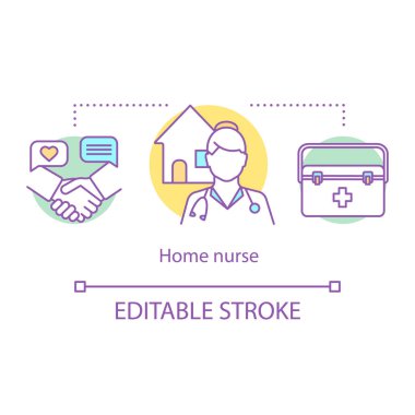 Eve hemşire kavramı simge. Evde bakım fikir ince hat illüstrasyon. Yaşam yardım. Ev bakım evi. Sağlık. Hastalık tedavi. İzole anahat çizim vektör. Düzenlenebilir kontur