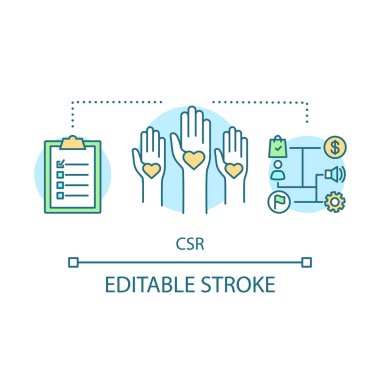 CSR kavramı simge. Kurumsal Sosyal sorumluluk fikir ince hat illüstrasyon. İş yatırım. Hesap verebilirlik, sürdürülebilirlik. Gönüllü. İzole anahat çizim vektör. Düzenlenebilir kontur