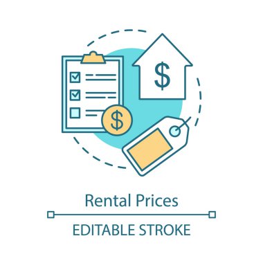 Kiralama fiyatları kavramı simge. Satılık ev. Kiralama fatura. Emlak ajansı ücretleri. Finansal Kiralama özelliği değeri bileşenleri fikir ince hat illüstrasyon. İzole anahat çizim vektör. Düzenlenebilir kontur