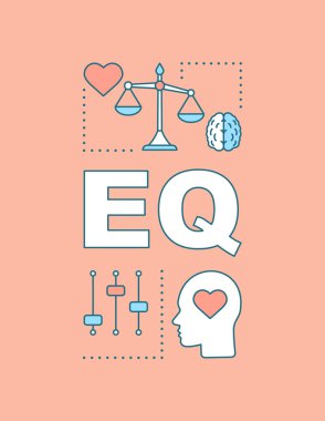 EQ kelime kavramları afiş. Duygusal zeka. Duygularını kontrol yeteneği. Duygu yönetimi. Tanıtım, Web sitesi. İzole yazı tipografi fikir, doğrusal simgeler. Vektör anahat çizim