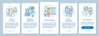 Bebek bakıcısı isteği onboarding mobil uygulaması sayfa ekran doğrusal kavramları ile. Sipariş, tercih, Ayrıntılar, izlenecek yol grafik yönergeleri adım isteği. UX, UI, GUI vektör şablon resimler