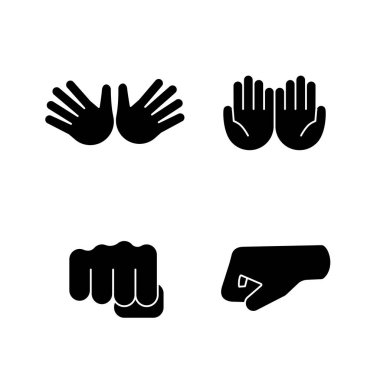 El jest emojis glif Icons set. Caz, kucaklama, mimik, yumruk Delme yalvarıyor. Götürdü ve açılan avuç içi. Siluet simgeler. İzole vektör çizim