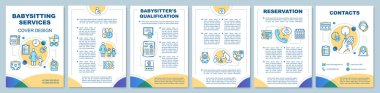 Destek broşür şablonu düzeni Bebek Bakımı. Bebek bakıcısı, dadı işleri. El ilanı, broşür, broşür baskı tasarımı ile doğrusal kutsal kişilerin resmi. Vektör sayfa düzenleri için dergi, yıllık raporlar, reklam afişleri