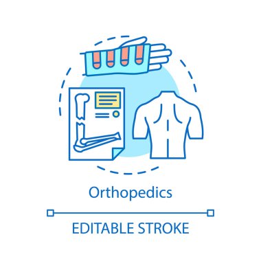 Ortopedi kavramı simge. Kas-iskelet sistemi tıbbi bakım fikir ince hat illüstrasyon. Ortopedik tanı, tedavi vektör anahat çizim izole. Yaralanma, Travma terapisi. Düzenlenebilir strok