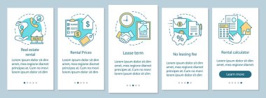 Gayrimenkul Kiralama onboarding mobil uygulaması sayfa ekran doğrusal kavramları ile. Konut tipi, fiyat, terim walkthrough adım grafik yönergeleri seçin. UX, UI, GUI vektör şablon resimler