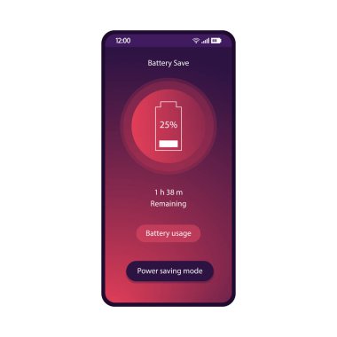 Pil tasarrufu app akıllı telefon arayüzü vektör şablonu. Mobil hizmet programı uygulama sayfa mor tasarım düzeni. Güç tasarrufu modu düz degrade UI. Kalan, şarj enerji optimizasyonu telefon ekranını