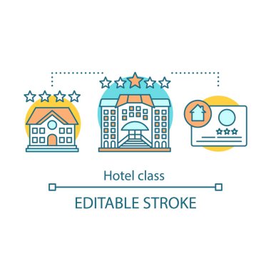 Otel değerlendirmesi kavramı simge. Daire, konaklama Yorumlar, geri bildirim, sıralama. Otel sınıf fikir ince hat illüstrasyon. İzole anahat çizim vektör. Düzenlenebilir kontur