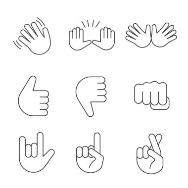 El jest emojis doğrusal Icons set. İnce çizgi kontur sembolleri. Sallayarak, dur, jazz, başparmak yukarı ve aşağı, yumruk, aşk, şans, el yalan. İzole vektör anahat çizimler. Düzenlenebilir kontur