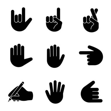 El jest emojis glif Icons set. Kaya üzerinde seni, backhand dizini işaret sol ve yukarı, şans, yalan, el hareketi, el yazma yüksek beş, shaka. Siluet simgeler. İzole vektör çizim