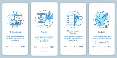 Online Arkadaşlık onboarding mobil app sayfası ekranda vektör şablonu. Kayıt, arama özellikleri seçin, eşi bulmak Web sitesi Öğretim doğrusal resimler. UX, UI, GUI smartphone arabirimi kavramı