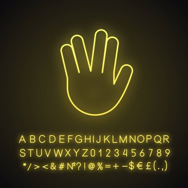 Vulkan Selam emoji neon ışığı simgesi. Uzun yaşamak ve gelişmek el hareketi. Orta, yüzük parmakları arasında bölümü ile elini kaldırdı. Alfabe, sayılar, simgeler parlayan işaretiyle. İzole vektör çizim
