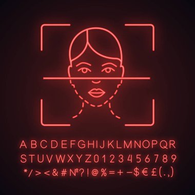 Tarama işlemi neon ışığı simgesi yüz. Yüz tanıma. Biyometrik kimlik yordamı. Yüz kimliği Glowing işaretiyle alfabe, sayılar ve simgeler. İzole vektör çizim