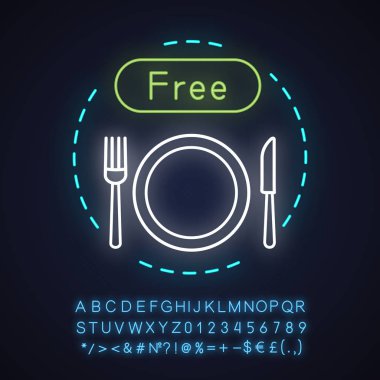 Ücretsiz kahvaltı neon ışık kavramı simge. Yemek zamanı. Hotel, hostel başlıca fikir. Oda Servisi. Alfabe, sayı ve sembol parlayan işaretiyle. İzole vektör çizim
