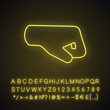 Sağ yumruk emoji neon ışığı simgesi. Sağa bakan yumruk. Yumruk-bump. Brofist. Alfabe, sayı ve sembol parlayan işaretiyle. İzole vektör çizim