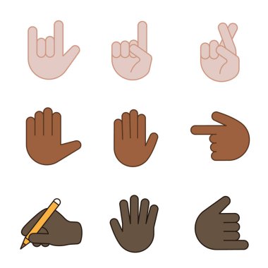 El jest emojis Icons set renk. Seviyorum seni, rock, backhand dizin sol işaret ve yukarı, şans, yalan, beş el hareketi, shaka sayma çak bir beşlik, yazma el. İzole vektör çizimler
