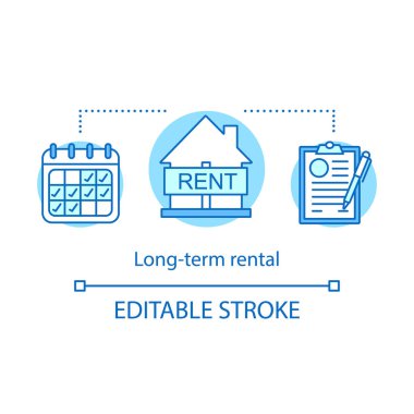 Uzun vadeli kiralama kavramı simge. Kira dönemi. Mülkiyet anlaşması. Takvim, house, sözleşme. Gayrimenkul kira anlaşma fikir ince hat illüstrasyon. İzole anahat çizim vektör. Düzenlenebilir kontur