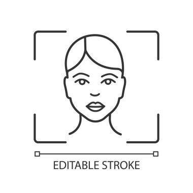 Yüz tanıma sistemi doğrusal simgesi. Tarama yazılımı yüz kimliği. İnsan kafa ince hat illüstrasyon. Biyometrik kimlik doğrulama. Kontur sembolü. İzole anahat çizim vektör. Düzenlenebilir kontur