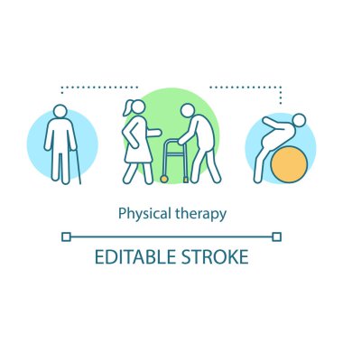 Fizik tedavi kavramı simge. Tıbbi bakım fikir ince hat illüstrasyon. Fizyoterapi. Rehabilitasyon Merkezi. Yaralanma tedavi. Masaj ve egzersiz. İzole anahat çizim vektör. Düzenlenebilir kontur
