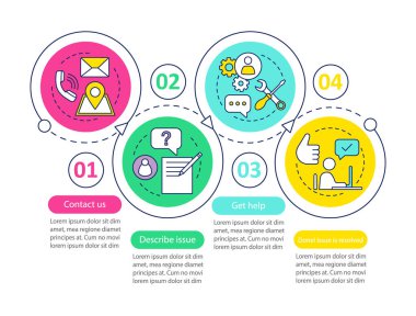 Müşteri Destek vektör Infographic şablonu. Müşteri Hizmetleri. İstemci Yöneticisi. InfoCenter. Dört Adımlar ve seçenekleri veri görselleştirme. İşlem zaman çizgisi görüntüsü. İş akışı düzeni ile kutsal kişilerin resmi