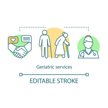 Geriatrik kavramı simge. Hemşirelik Hizmetleri fikir ince hat illüstrasyon. Özel üst düzey bakım. Yardımlı yaşam. Ev sağlık. Tıbbi tedavi. İzole anahat çizim vektör. Düzenlenebilir kontur