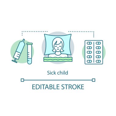 Hasta çocuk kavramı simge. Çocuk sağlık yardım fikir ince hat illüstrasyon. Baca, soğuk belirtileri. Hastalık, hastalık tedavi. Hap, şırınga. Pediatri. İzole anahat çizim vektör. Düzenlenebilir kontur